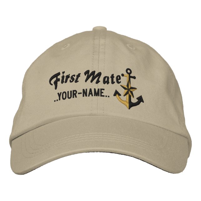 Personalised First Mate Nautical Anchor Black Embroidered Hat (Front)