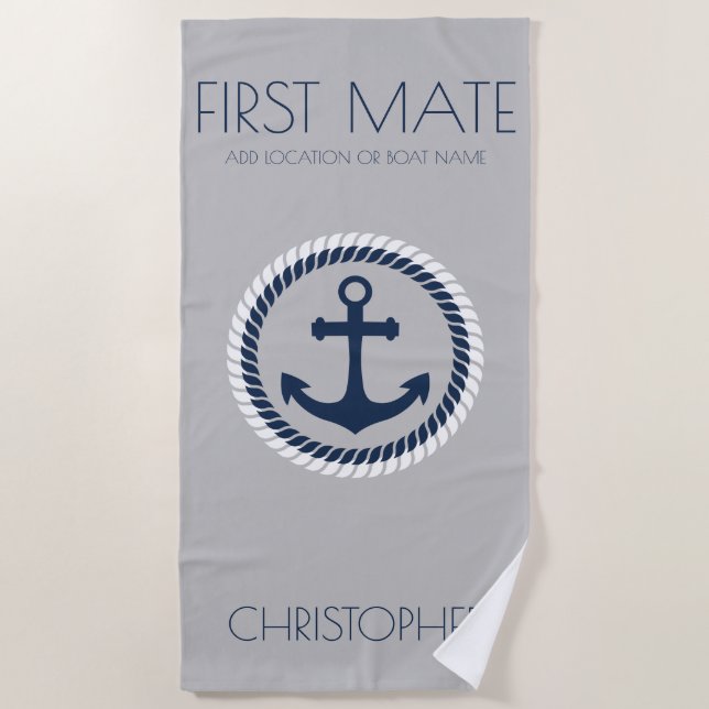 Personalised First Mate Nautical Anchor Boat Name Beach Towel (Front)