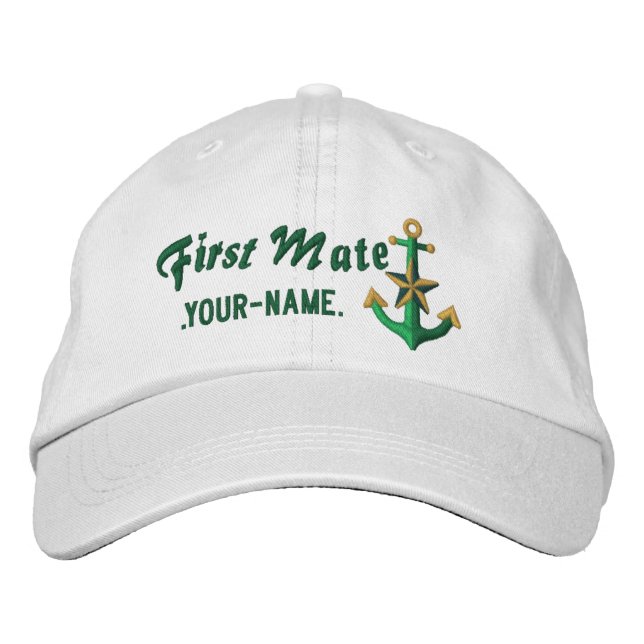Personalised First Mate Nautical Anchor Green Embroidered Hat (Front)
