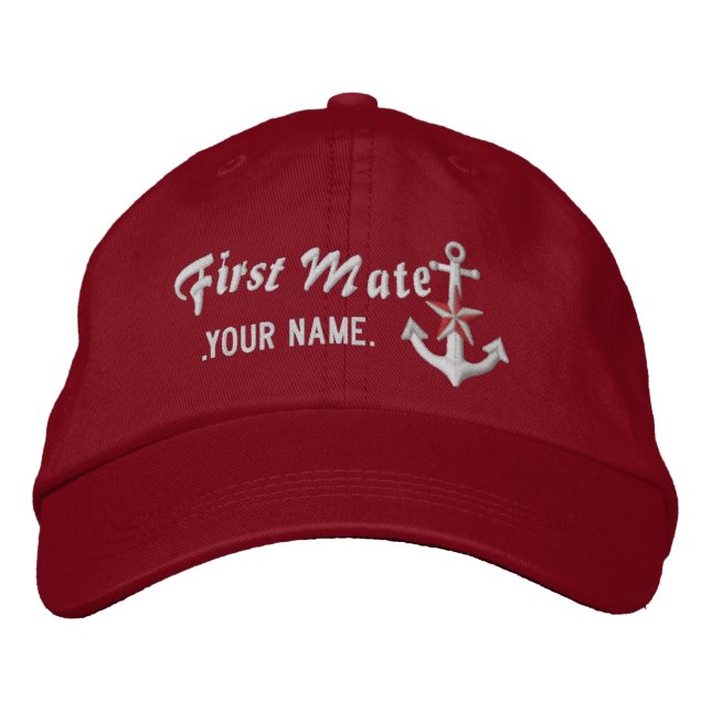 Personalised First Mate Nautical Anchor White Embroidered Hat (Front)