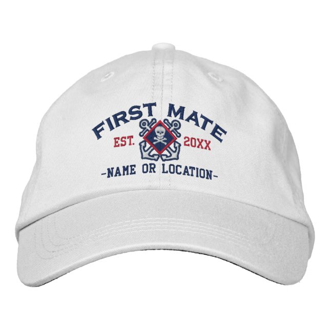 Personalised First Mate Nautical Crossbones Skull Embroidered Hat (Front)