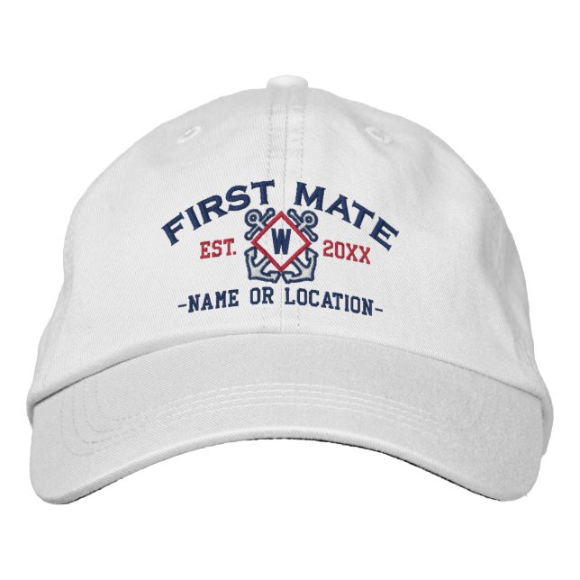 Personalised First Mate Nautical Monogram & more Embroidered Hat (Front)