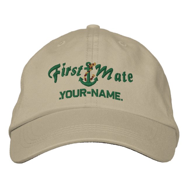 Personalised First Mate Rope Anchor Green Embroidered Hat (Front)