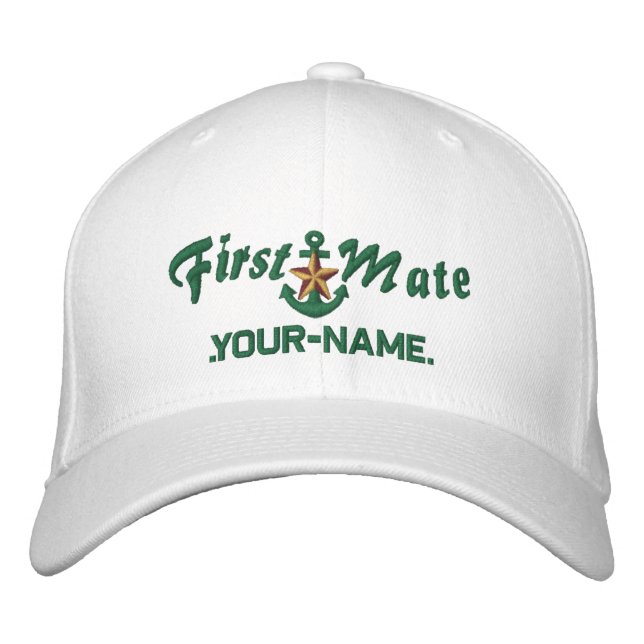 Personalised First Mate Star Anchor Green Embroidered Hat (Front)