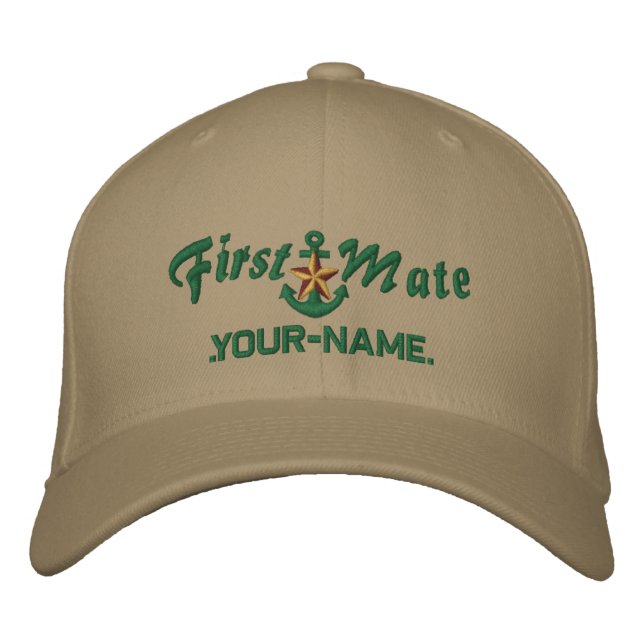 Personalised First Mate Star Anchor Green Embroidered Hat (Front)