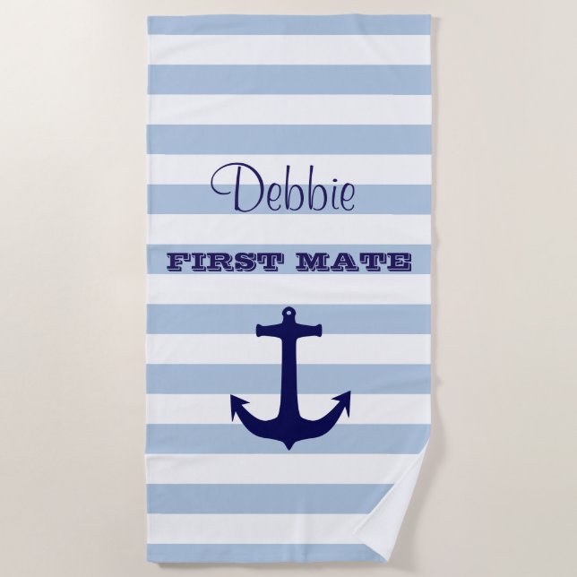 Personalised First Mate Striped Beach Towel (Front)