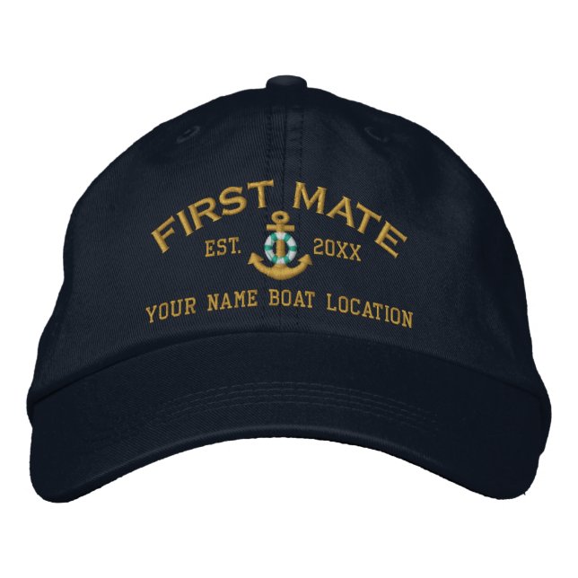 Personalised First Mate YEAR Names Lifesaver Style Embroidered Hat (Front)