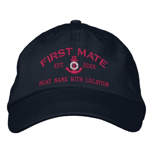 Personalised First Mate YEAR Names Pink Lifesaver Embroidered Hat (Front)