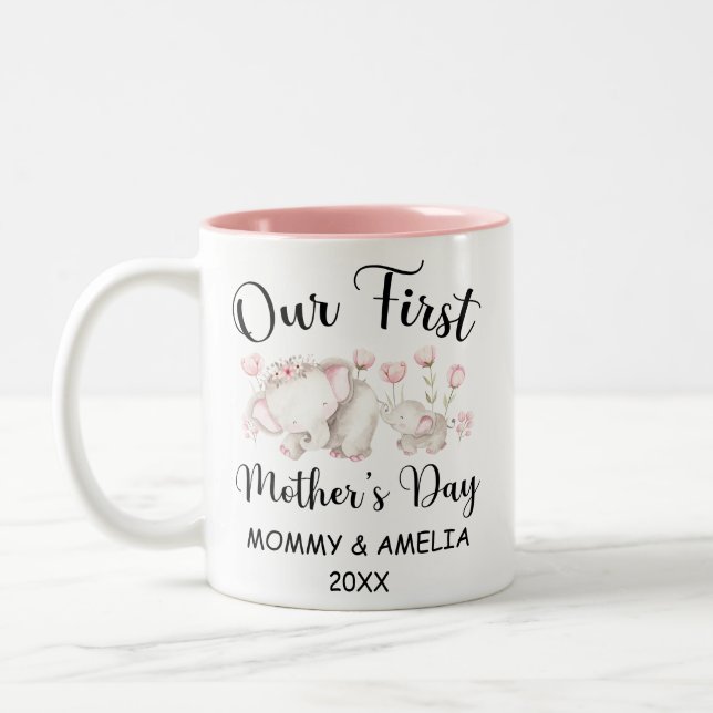 Personalised First Mothers Day 2023, Custom Names Two-Tone Coffee Mug (Left)