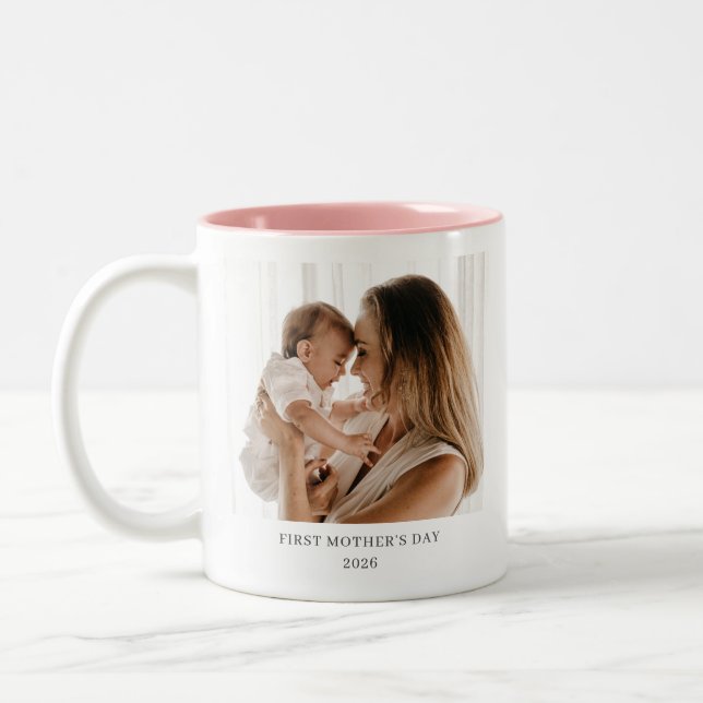Personalised First Mother's Day Mum Baby Photo Two-Tone Coffee Mug (Left)