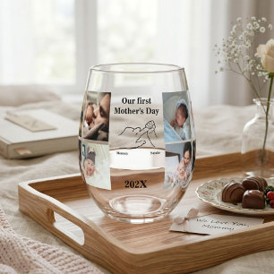 Personalised First Mother's day Photo Collage Stemless Wine Glass