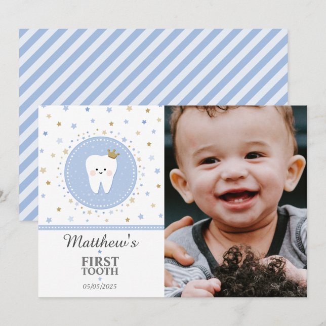 Personalised First Tooth Baby Boy Photo Card (Front/Back)