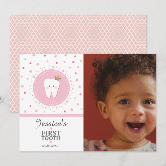 Personalised First Tooth Baby Girl Photo Card (Front/Back)