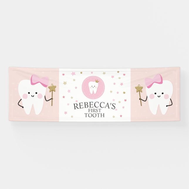 Personalised First Tooth girl party decoration. Banner (Horizontal)