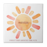 Personalised First Trip Around The Sun Birthday Tile<br><div class="desc">A sweet glowing orange gold boho style sun with rays,  first trip around the sun,  watercolor boho style kid's 1st birthday ceramic tile. A bold lush orange gold watercolor. A memento to keep.</div>