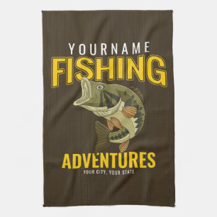 Personalised Fishing Adventures Bass Fish Angler Tea Towel