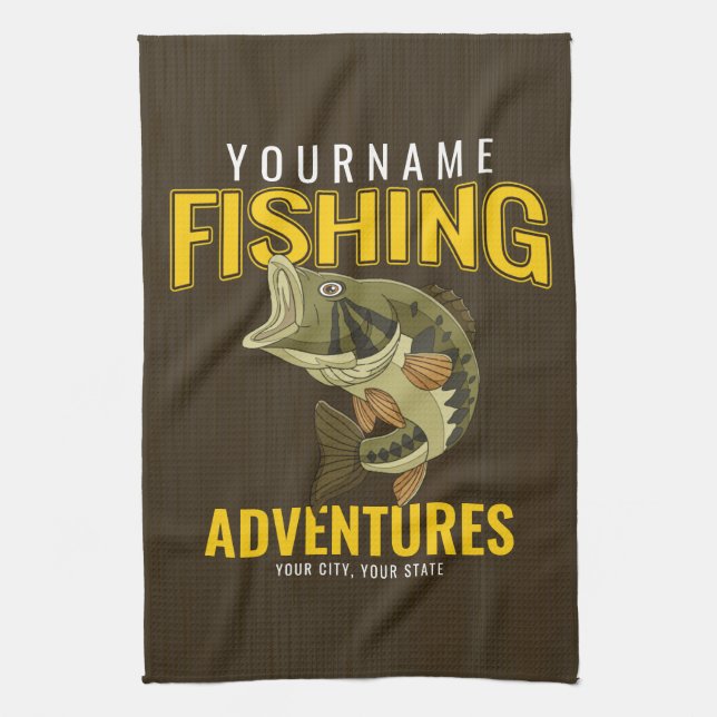 Personalised Fishing Adventures Bass Fish Angler  Tea Towel (Vertical)