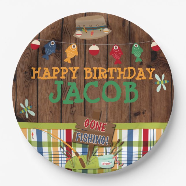 Personalised Fishing Birthday Party Paper Plate (Front)
