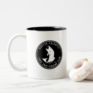 Personalised fishing emblem black and w Two-Tone coffee mug