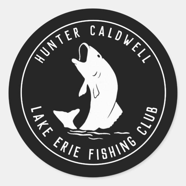 Personalised fishing emblem black classic round sticker (Front)