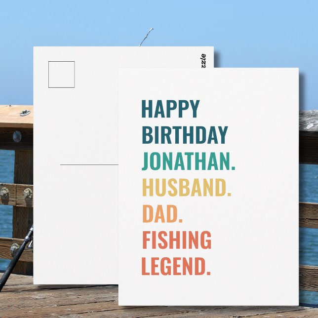 Personalised Fishing Legend Retro Text Birthday Postcard (Personalize as required -  all text is editable, change the name, occasion, recipient or sport)