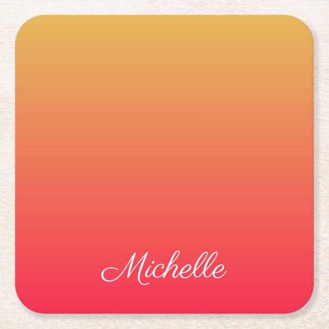 Personalised flame red and yellow ombre square paper coaster (Front)