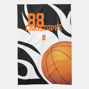 Personalised Flaming Basketball Black and White Tea Towel