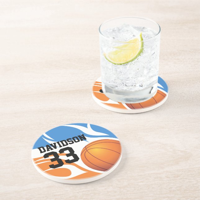 Personalised Flaming Basketball Blue and Orange Coaster (Side)