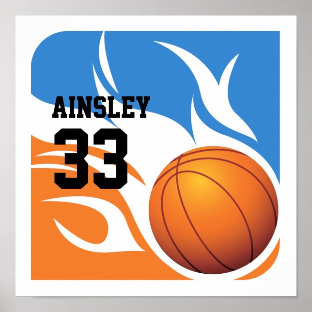 Personalised Flaming Basketball Blue and Orange Poster (Front)