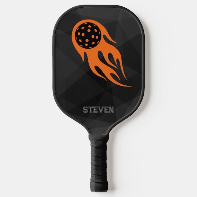 Personalised Flaming Orange Pickleball on Black Pickleball Paddle (Front)