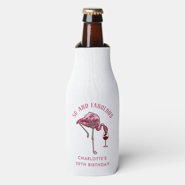 Personalised Flamingo 50th Birthday Novelty Swag Bottle Cooler (Bottle Front)