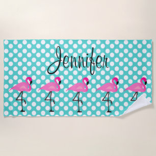 Personalised Flamingo and Polka Dot Beach Towel