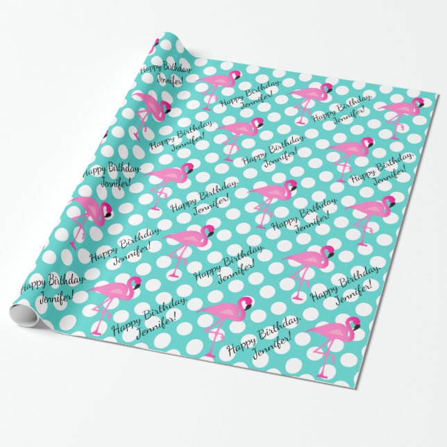 Personalised Flamingo and Polka Dot Wrapping Paper (Unrolled)