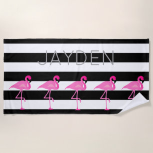 Personalised Flamingo and Stripes Beach Towel