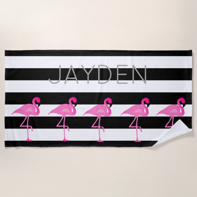 Personalised Flamingo and Stripes Beach Towel (Front)