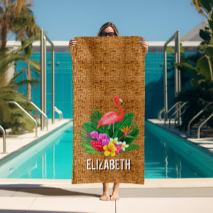 Personalised Flamingo Floral Wicker Print Beach Towel