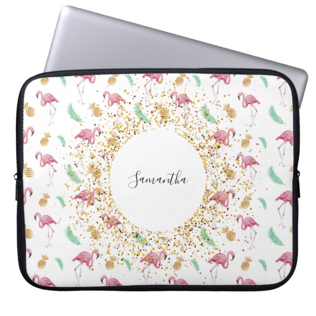 Personalised Flamingo Gold Pineapple Laptop Case (Front)