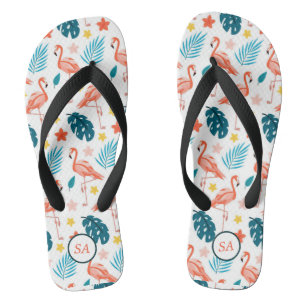 Personalised Flamingo Palm Tree Blue Red Beach Flip Flops