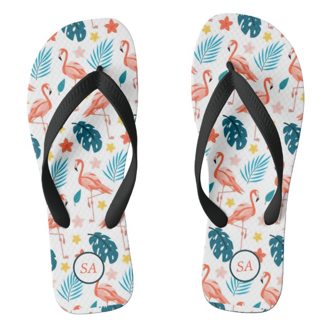 Personalised Flamingo Palm Tree Blue Red Beach Flip Flops (Footbed)