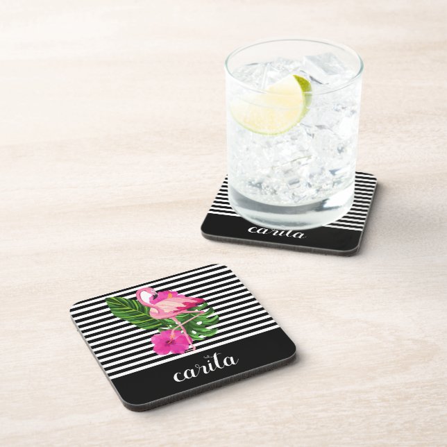 Personalised Flamingo Striped Hard Plastic Coaster (Right Side)