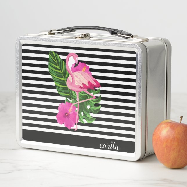 Personalised Flamingo Striped Metal Lunchbox (In Situ)