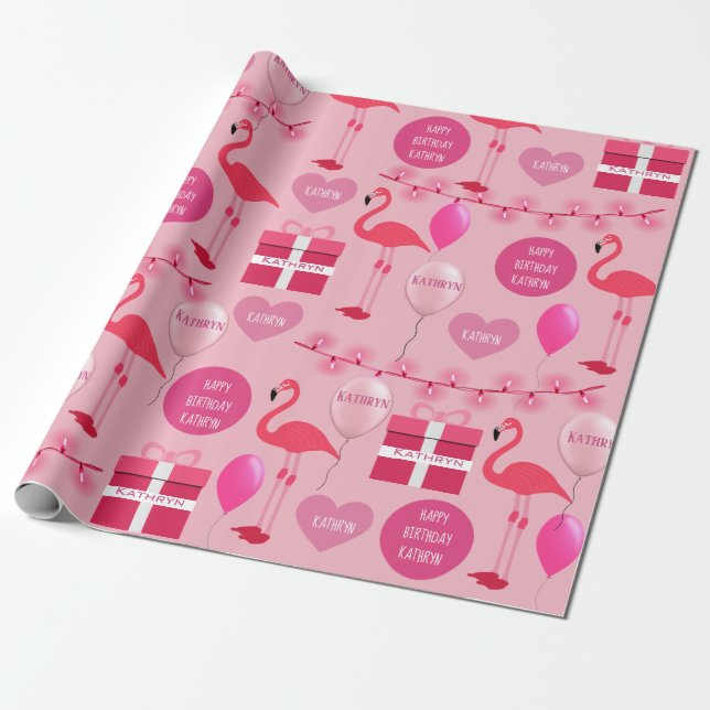 Personalised Flamingos Birthday Wrapping Paper (Unrolled)
