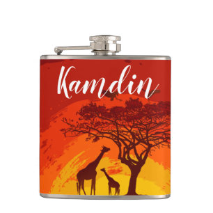Personalised Flask African Safari Giraffe Sunse