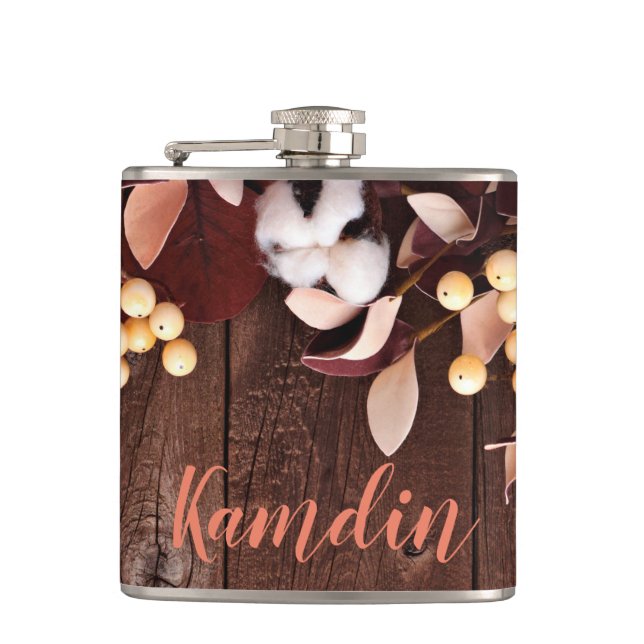 Personalised Flask Cotton Branch on Dark Wood Stem (Front)