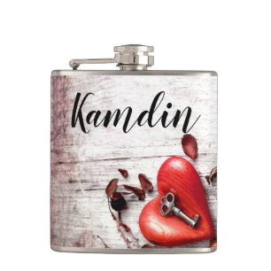Personalised Flask Country Wood Key to my Heart Ru