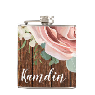 Personalised Flask Geometric Garden Rose Barn Wood