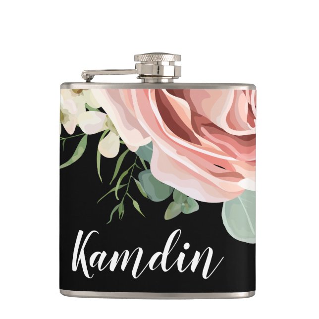 Personalised Flask Geometric Garden Rose Black (Front)