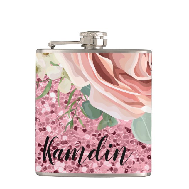 Personalised Flask Geometric Garden Rose Glitter (Front)