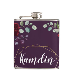 Personalised Flask Plum Purple Roses Gold Geometri