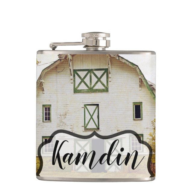 Personalised Flask Sunset Barn Country Rustic Fiel (Front)